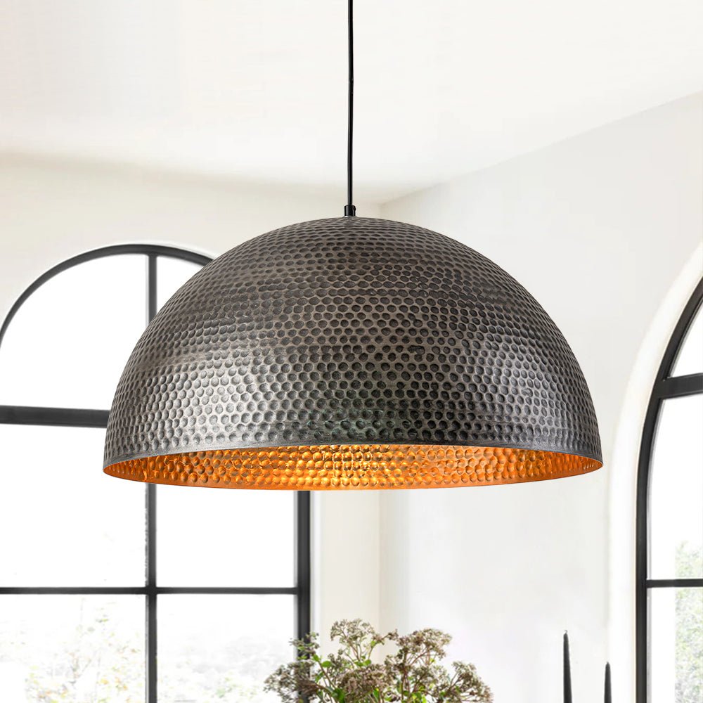 Vintage Hammered Metal Dome Pendant with Gold Interior