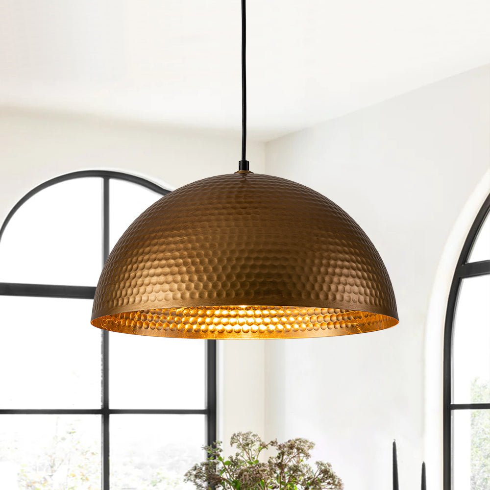 Vintage Hammered Metal Dome Pendant with Gold Interior