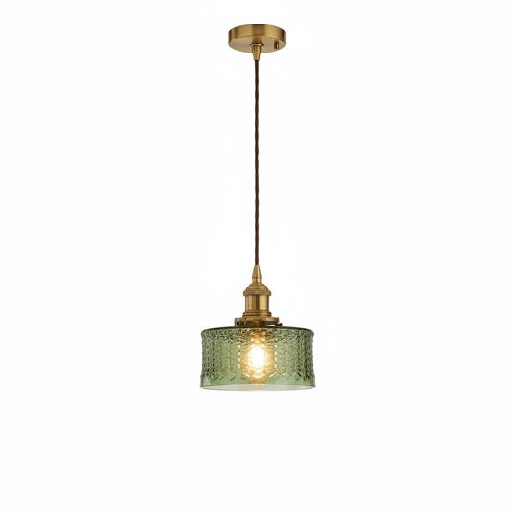 Vintage Textured Glass Pendant Light with Copper Holder