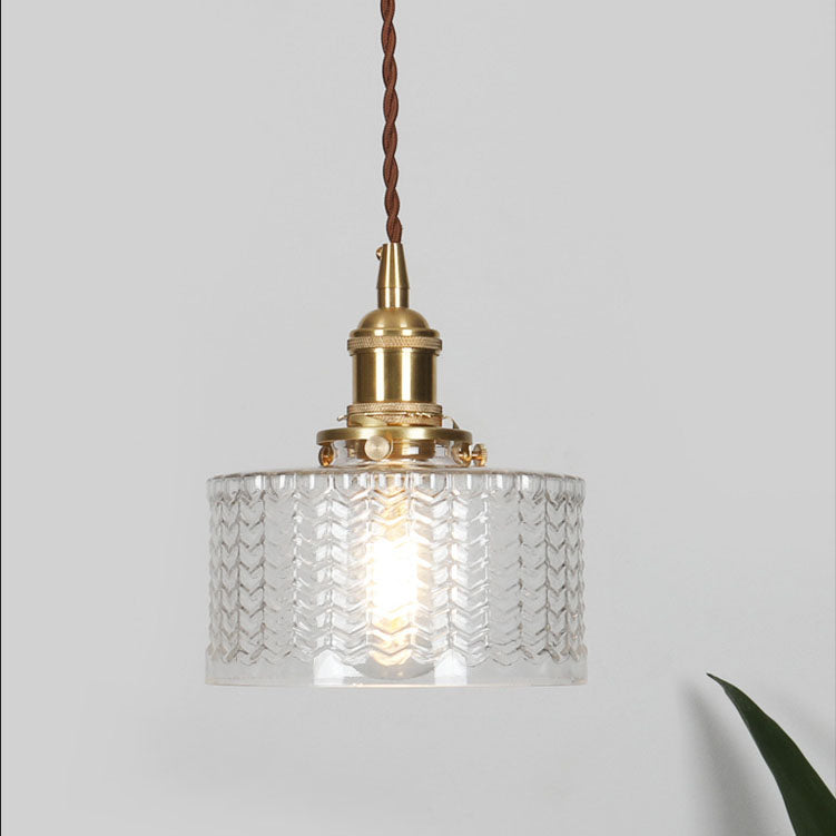 Vintage Textured Glass Pendant Light with Copper Holder