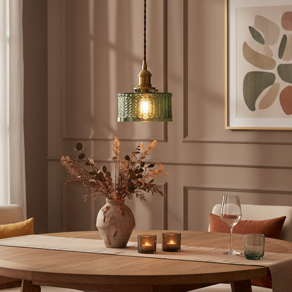 Vintage Textured Glass Pendant Light with Copper Holder