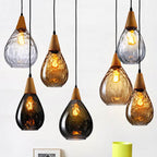 Vintage Teardrop Glass Pendant Light with Wood Fitting