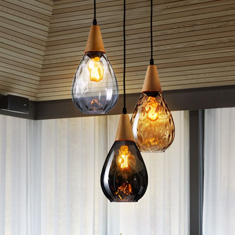 Vintage Teardrop Glass Pendant Light with Wood Fitting