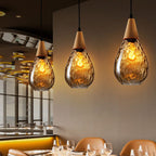 Vintage Teardrop Glass Pendant Light with Wood Fitting