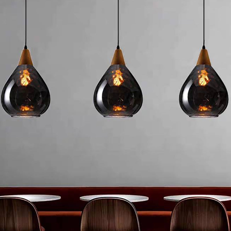 Vintage Teardrop Glass Pendant Light with Wood Fitting