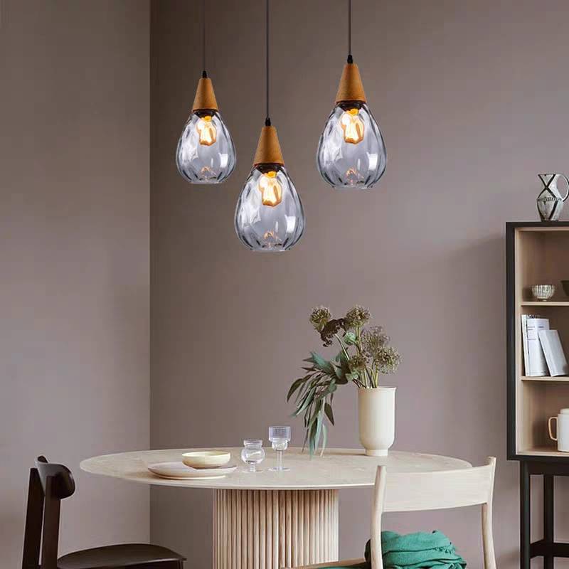 Vintage Teardrop Glass Pendant Light with Wood Fitting