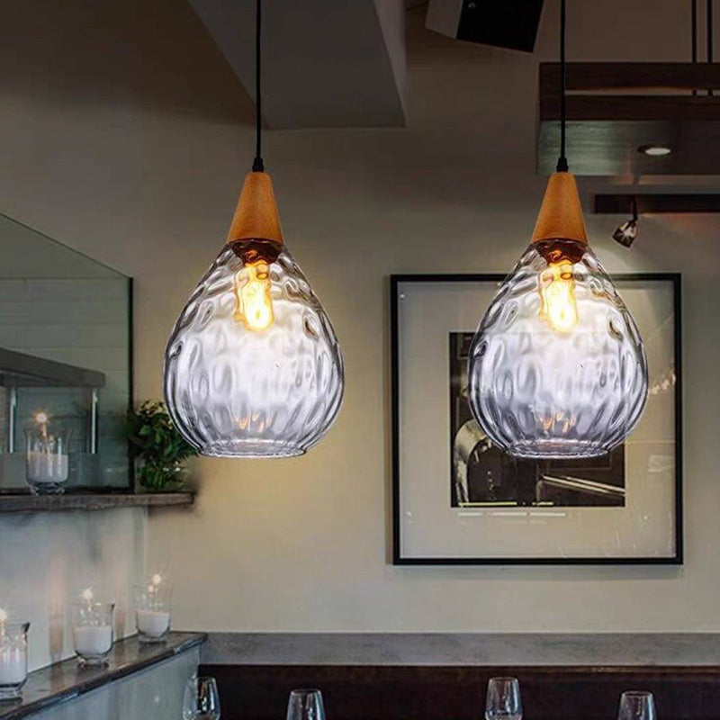 Vintage Teardrop Glass Pendant Light with Wood Fitting