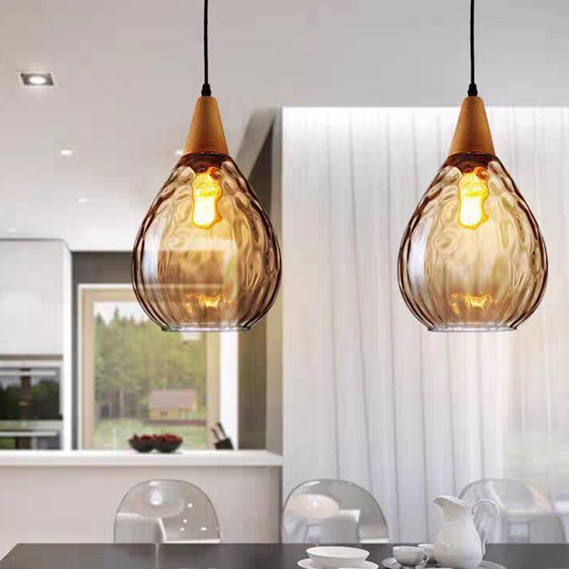 Vintage Teardrop Glass Pendant Light with Wood Fitting