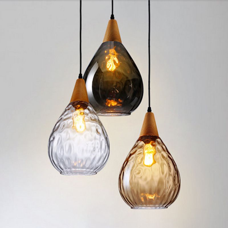 Vintage Teardrop Glass Pendant Light with Wood Fitting