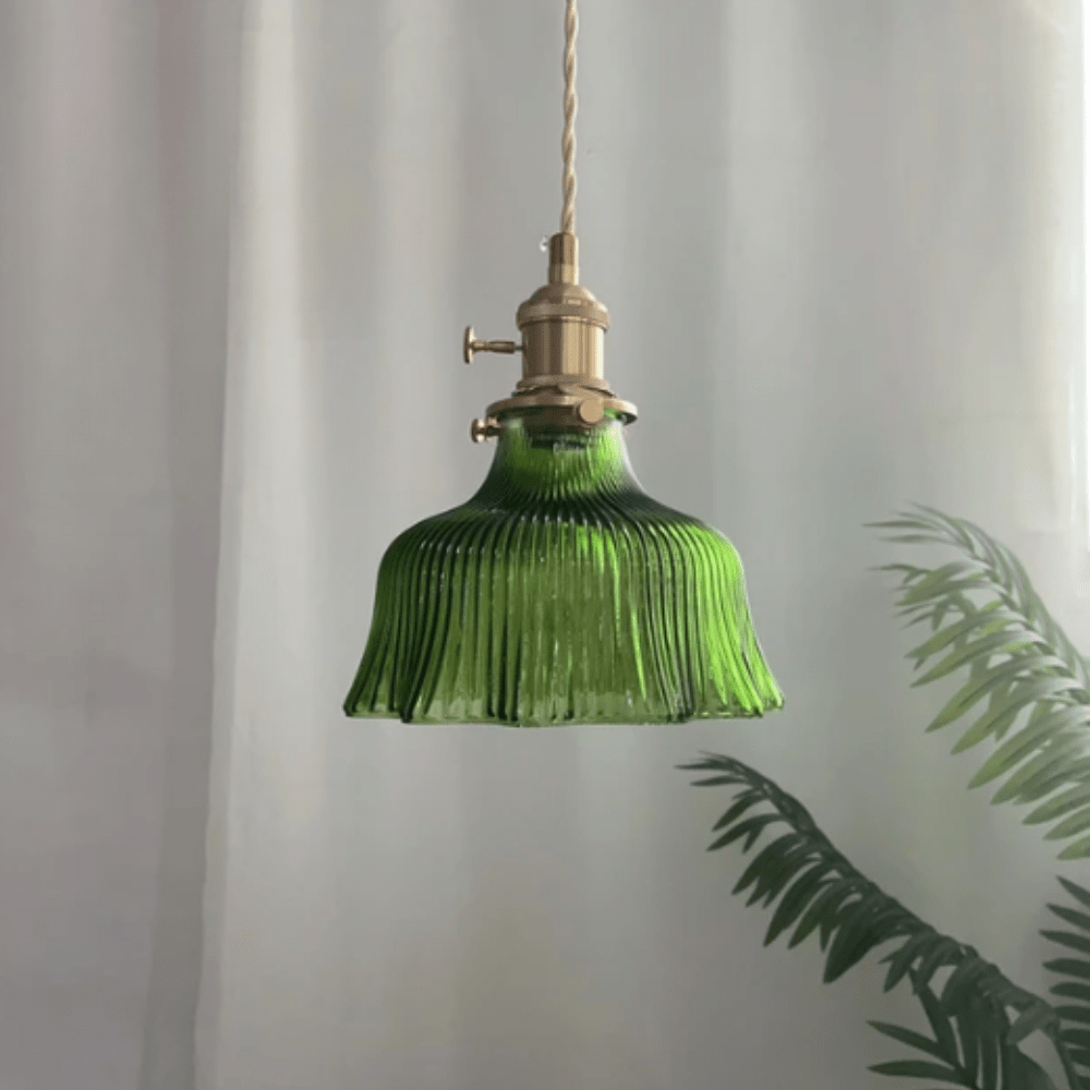 Vintage Ribbed Glass Pendant Light with Brass Fitting