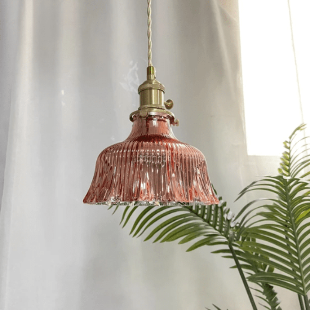 Vintage Ribbed Glass Pendant Light with Brass Fitting