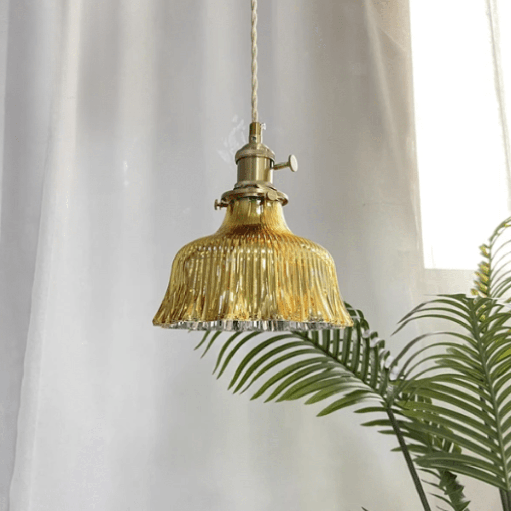 Vintage Ribbed Glass Pendant Light with Brass Fitting