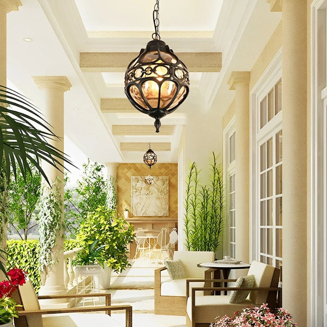 Vintage Outdoor Globe Pendant Light with Amber Glass, IP54
