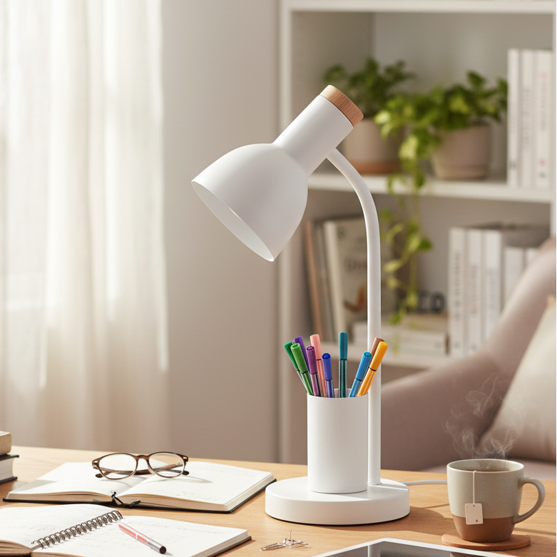 Scandinavian Desk Lamp with Pen Holder and Flexible Neck