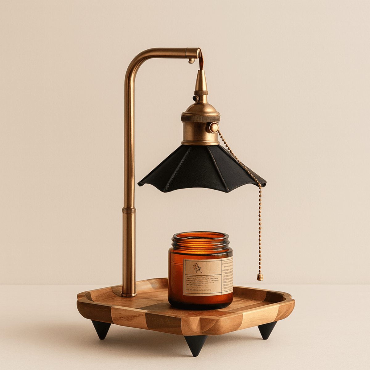 Retro Candle Warmer Lamp with Wooden Tray and Pull Chain