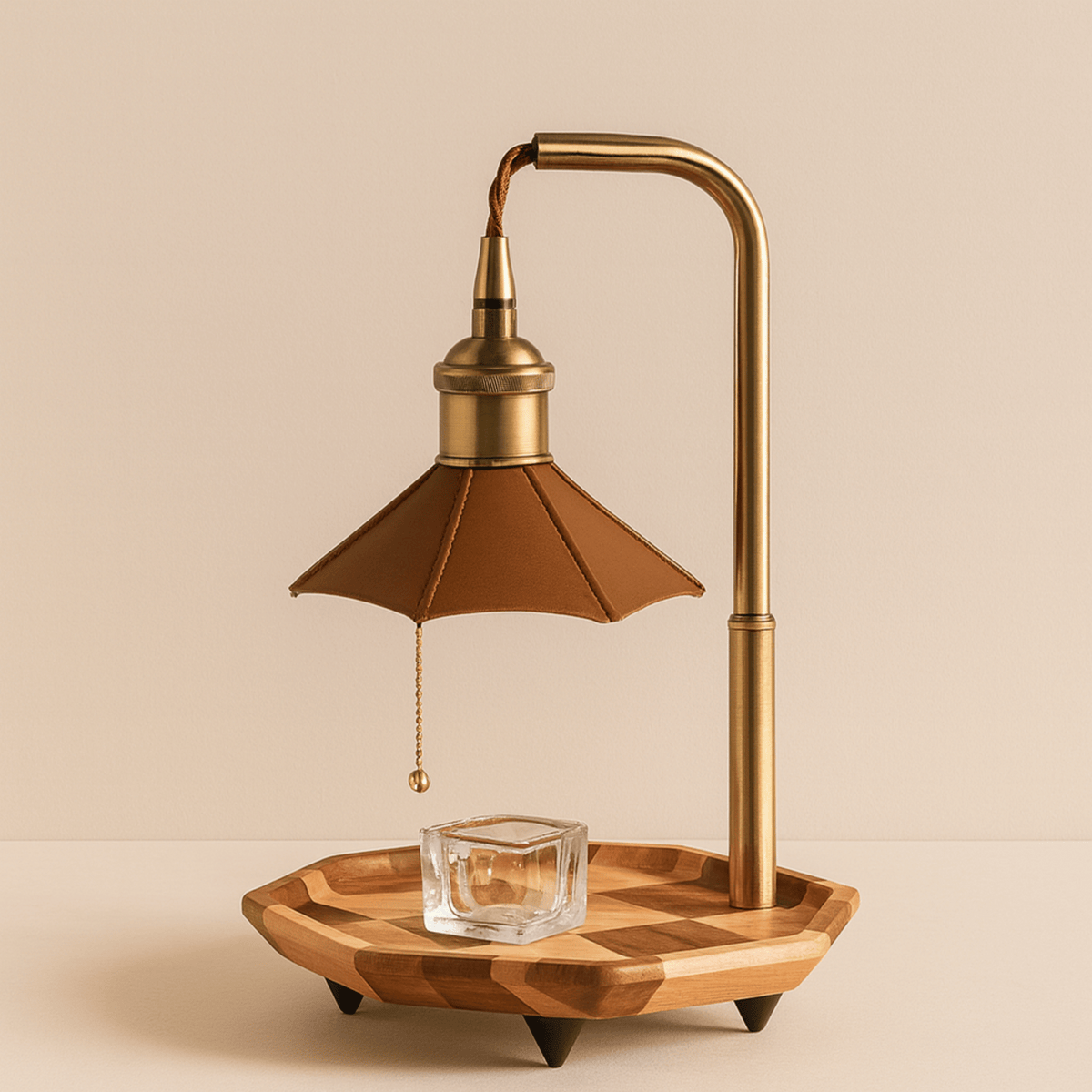 Retro Candle Warmer Lamp with Wooden Tray and Pull Chain