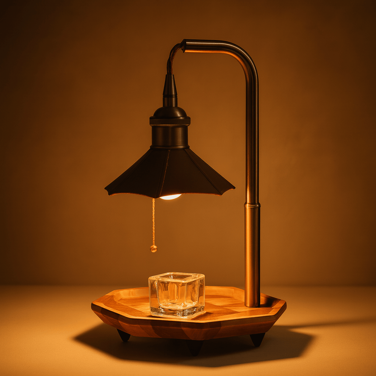 Retro Candle Warmer Lamp with Wooden Tray and Pull Chain