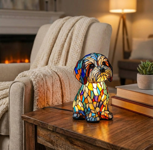 Art Deco Dog Night Light with Stained Glass Effect, USB