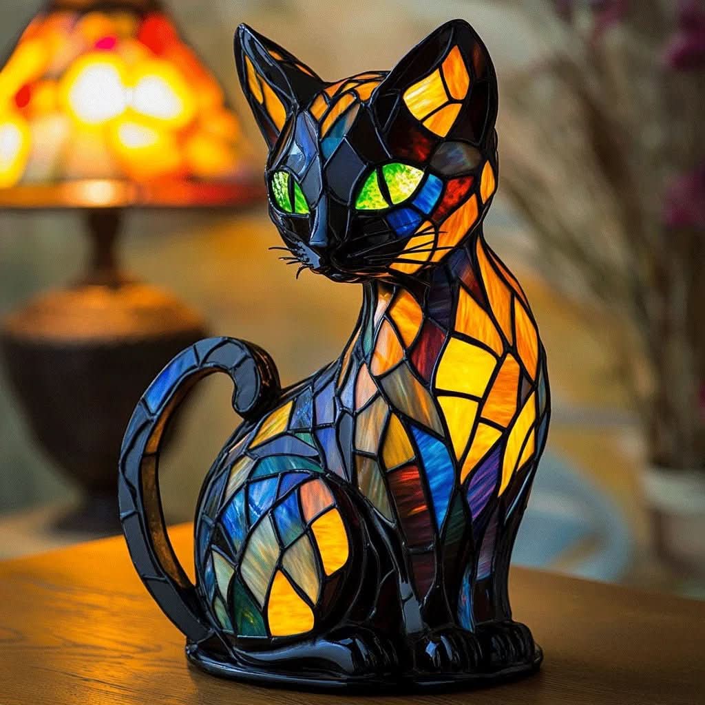 Stained Glass Style Cat Night Light, Art Deco USB LED Lamp