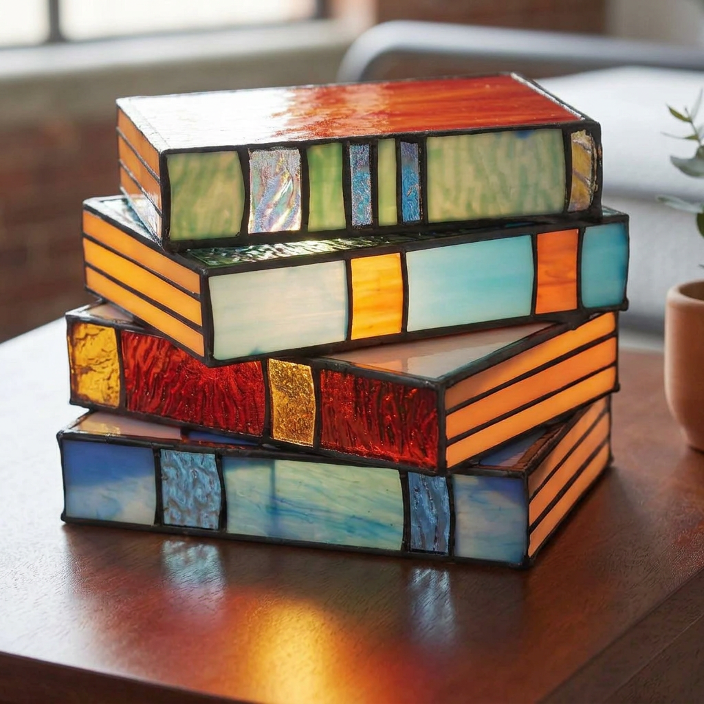 Stained Glass Book Stack Table Lamp, Vintage Accent Light