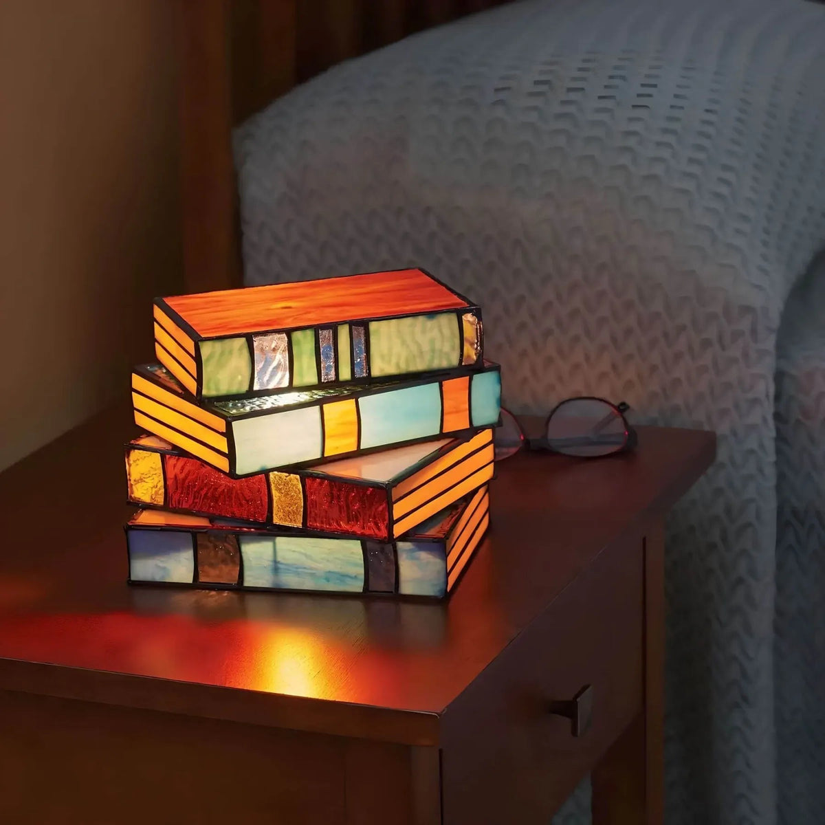 Stained Glass Book Stack Table Lamp, Vintage Accent Light