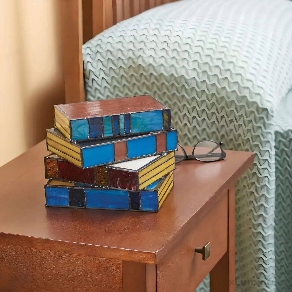Stained Glass Book Stack Table Lamp, Vintage Accent Light
