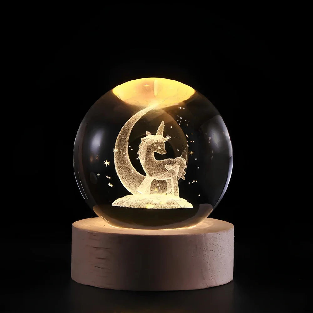 Engraved Crystal Ball Night Light on Wooden Base, 12 Designs