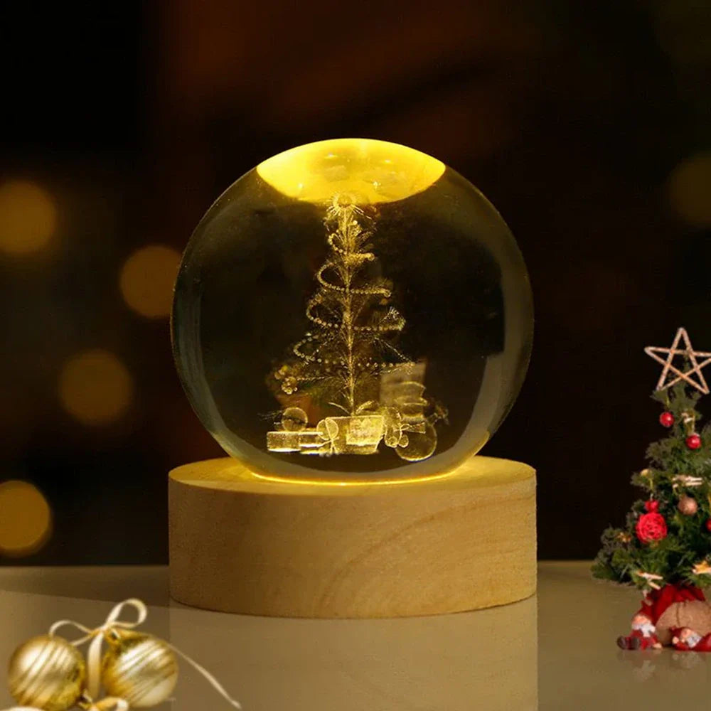 Engraved Crystal Ball Night Light on Wooden Base, 12 Designs