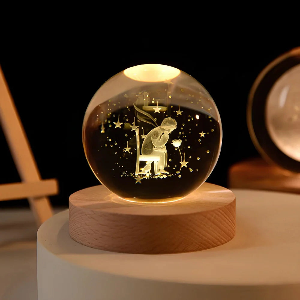 Engraved Crystal Ball Night Light on Wooden Base, 12 Designs