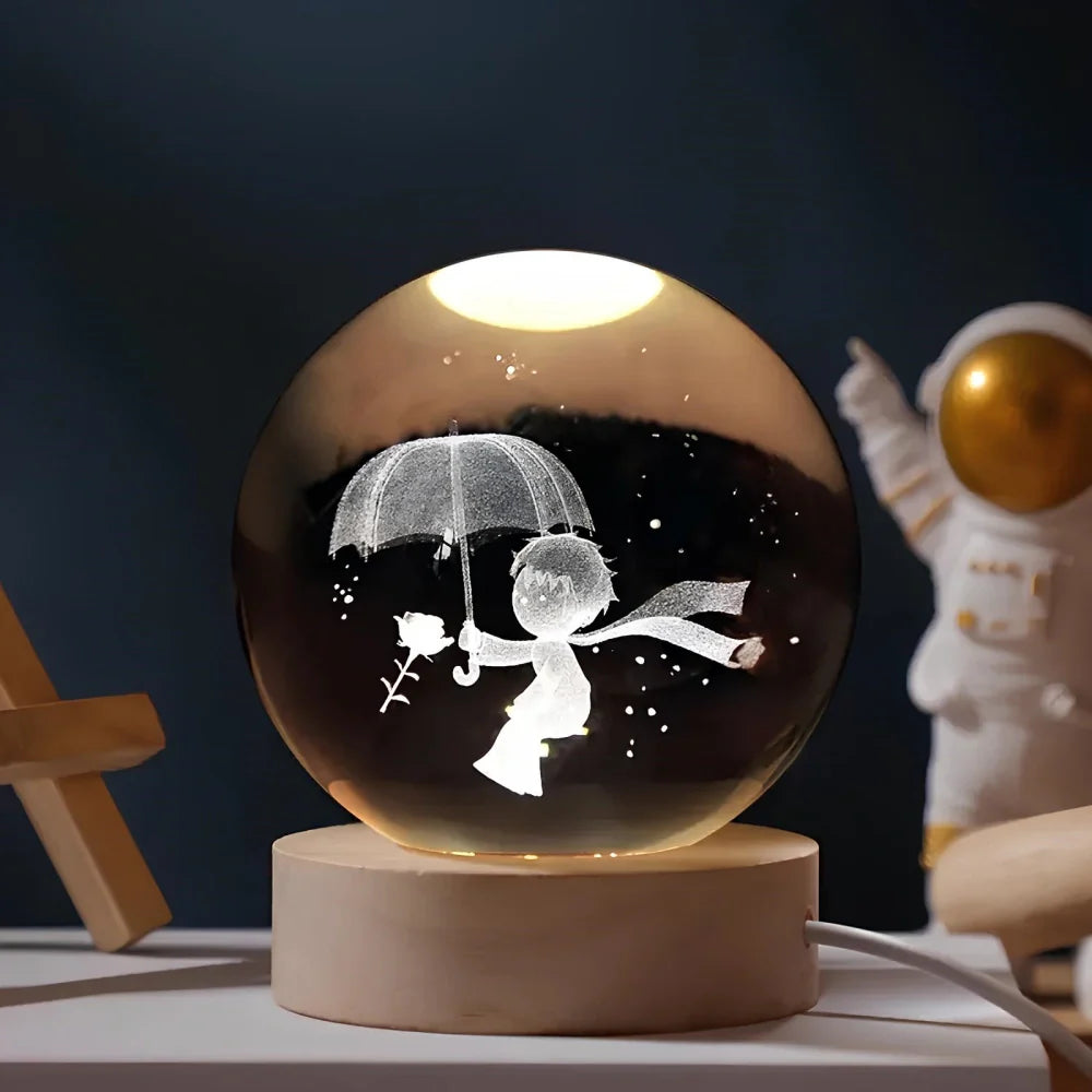Engraved Crystal Ball Night Light on Wooden Base, 12 Designs