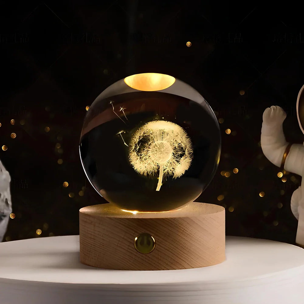 Engraved Crystal Ball Night Light on Wooden Base, 12 Designs
