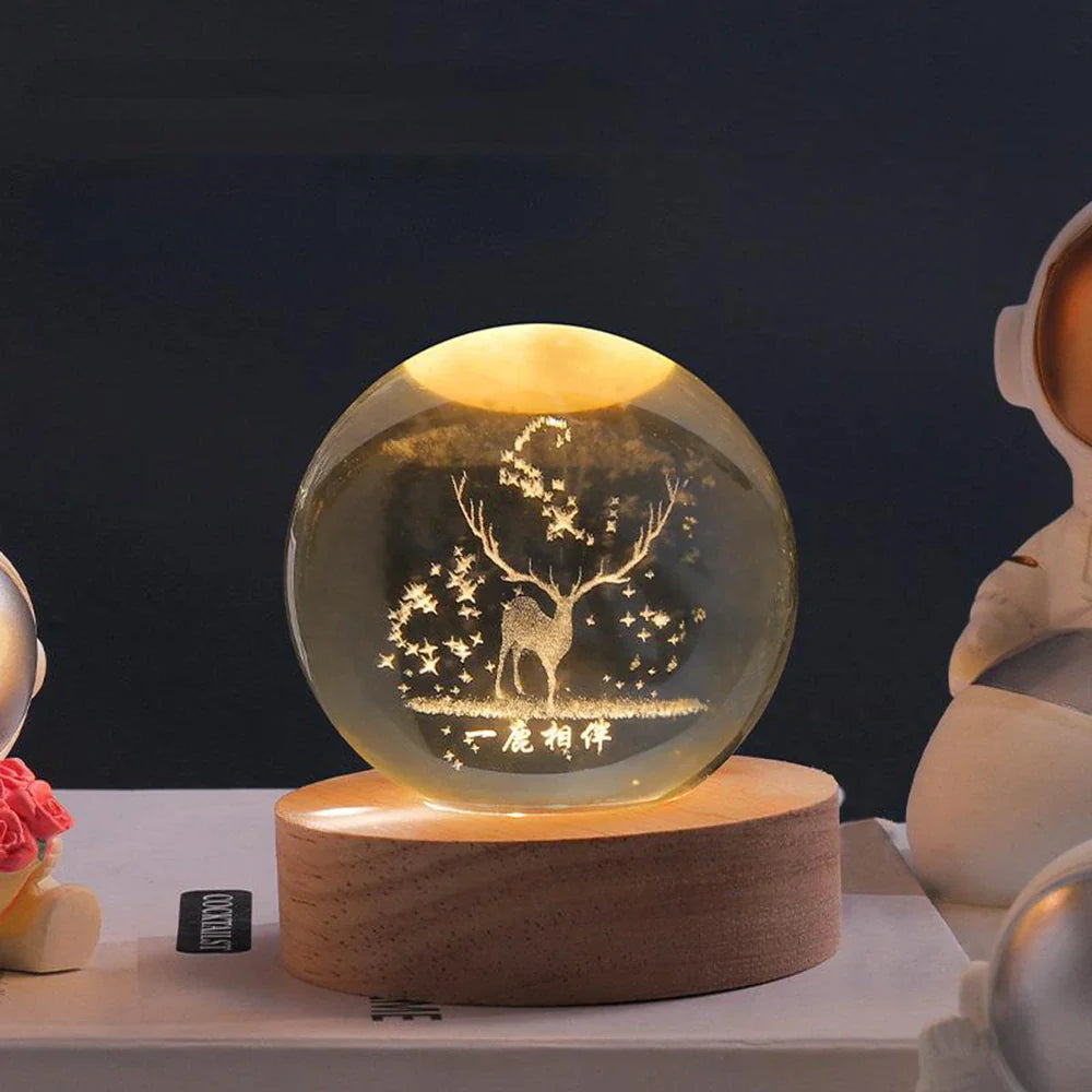 Engraved Crystal Ball Night Light on Wooden Base, 12 Designs
