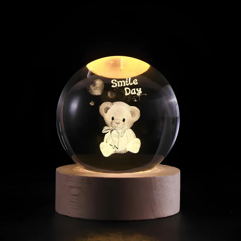 Engraved Crystal Ball Night Light on Wooden Base, 12 Designs