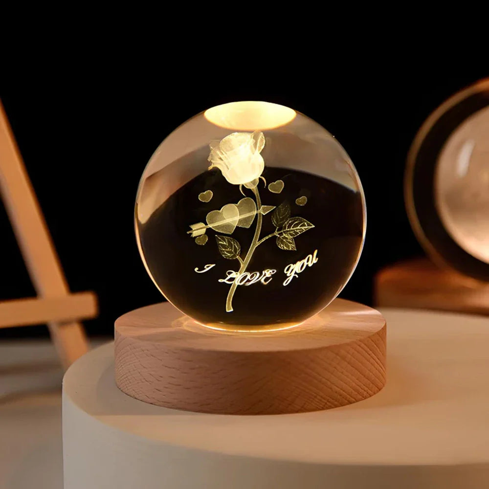 Engraved Crystal Ball Night Light on Wooden Base, 12 Designs