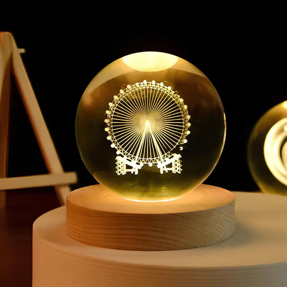 Engraved Crystal Ball Night Light on Wooden Base, 12 Designs