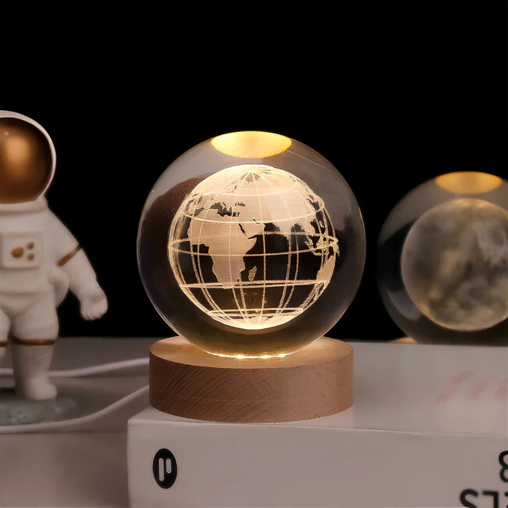 Engraved Crystal Ball Night Light on Wooden Base, 12 Designs