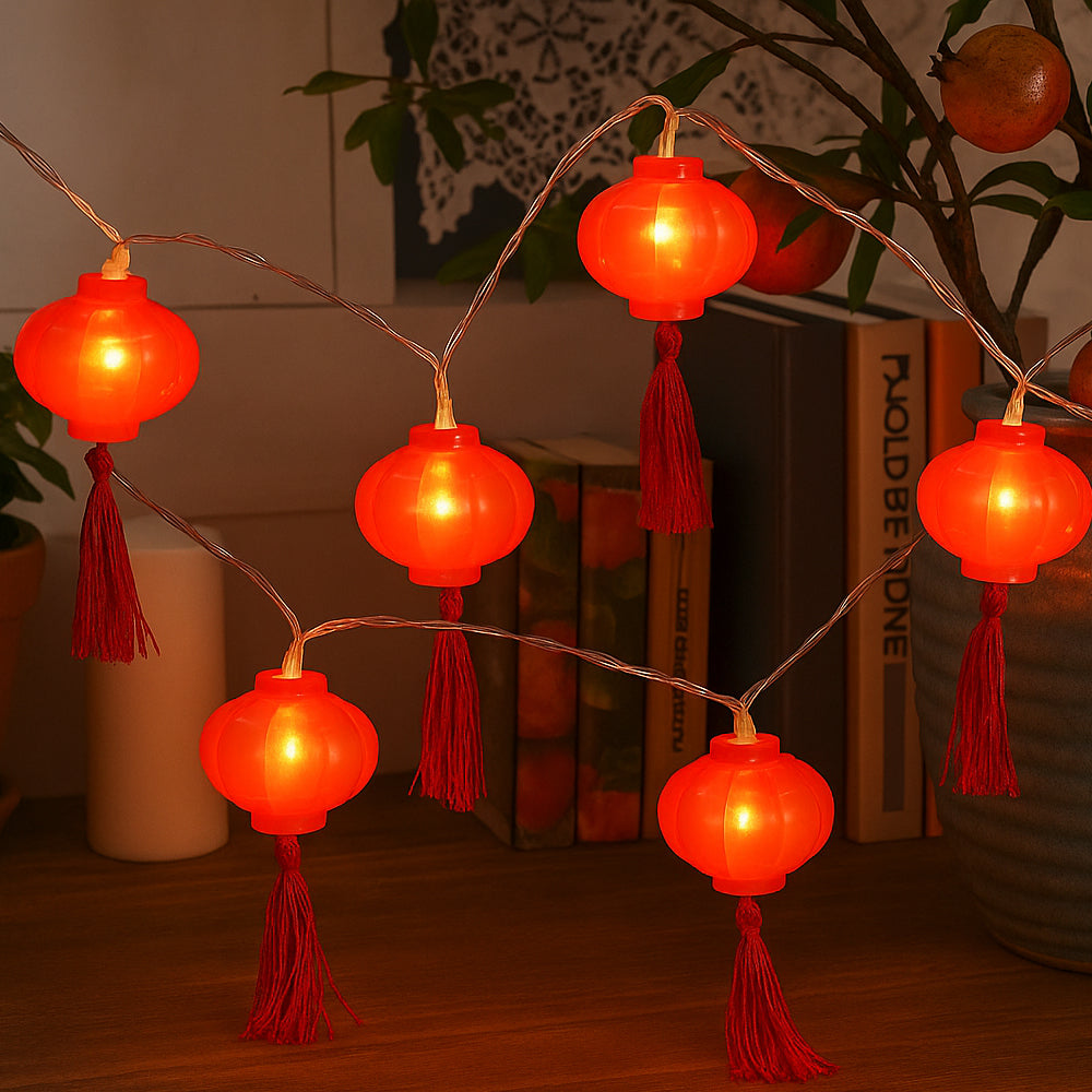 Lantern String Lights with Red Tassels, 20 LEDs, 3 m