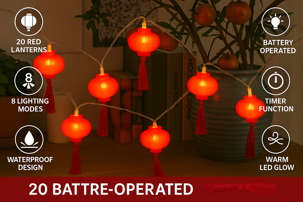 Lantern String Lights with Red Tassels, 20 LEDs, 3 m