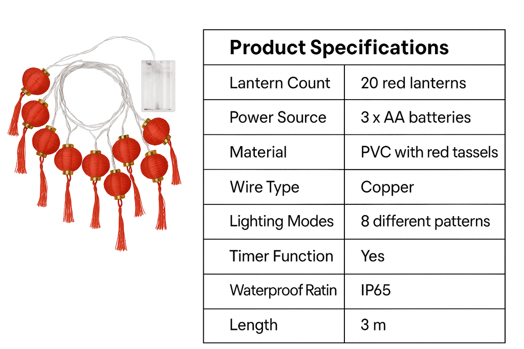 Lantern String Lights with Red Tassels, 20 LEDs, 3 m