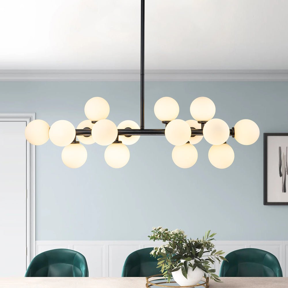 16-Globe Linear Chandelier in Opal Glass and Metal, 90cm