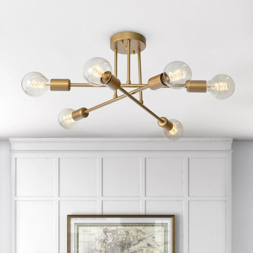 6-Light Sputnik Semi-Flush Chandelier, Gold Effect, 48 cm