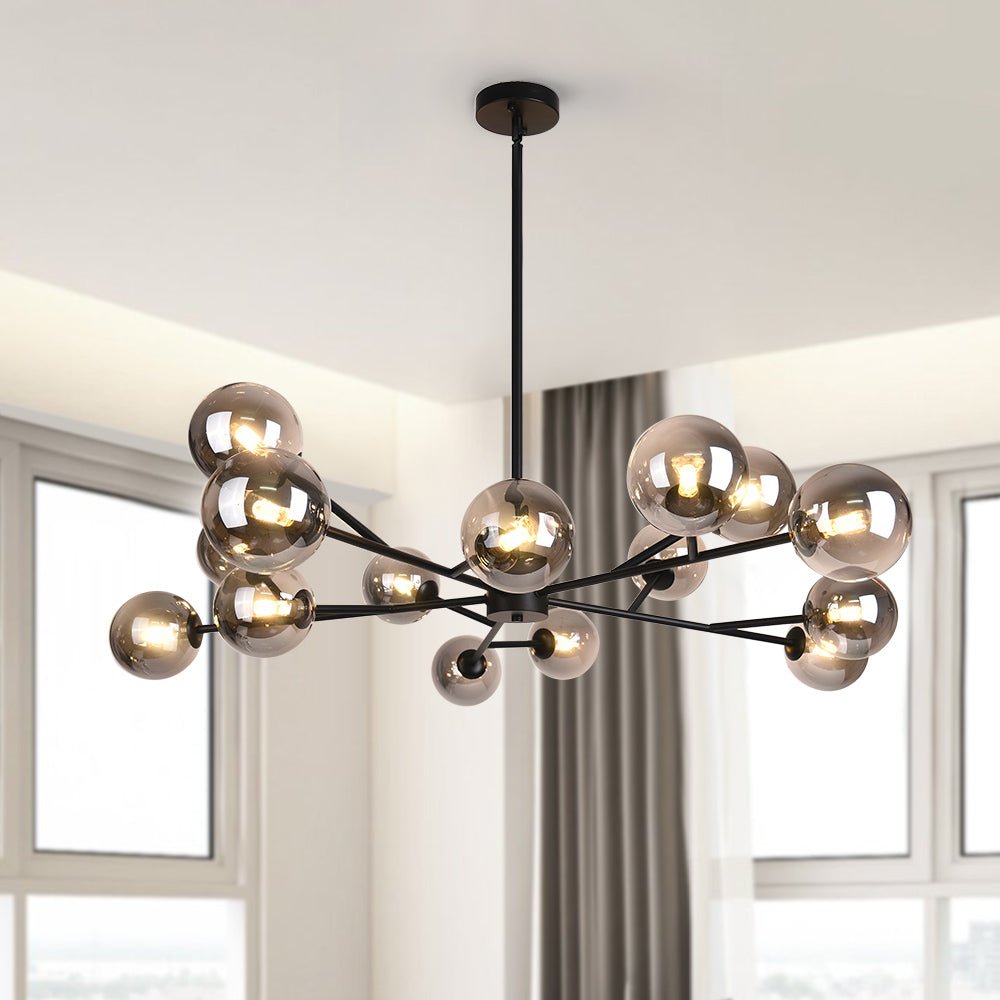 15-Light Glass Globe Pendant 112cm, Brass or Black Finish