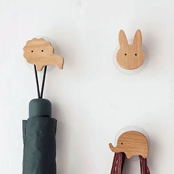 Wooden Animal Wall Hooks, Self-Adhesive or Screw Fixing