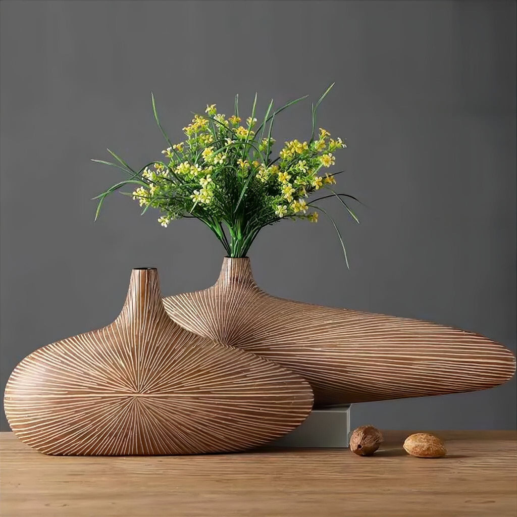 Wood-Effect Resin Vase, Flattened Oval Form, 2 Sizes