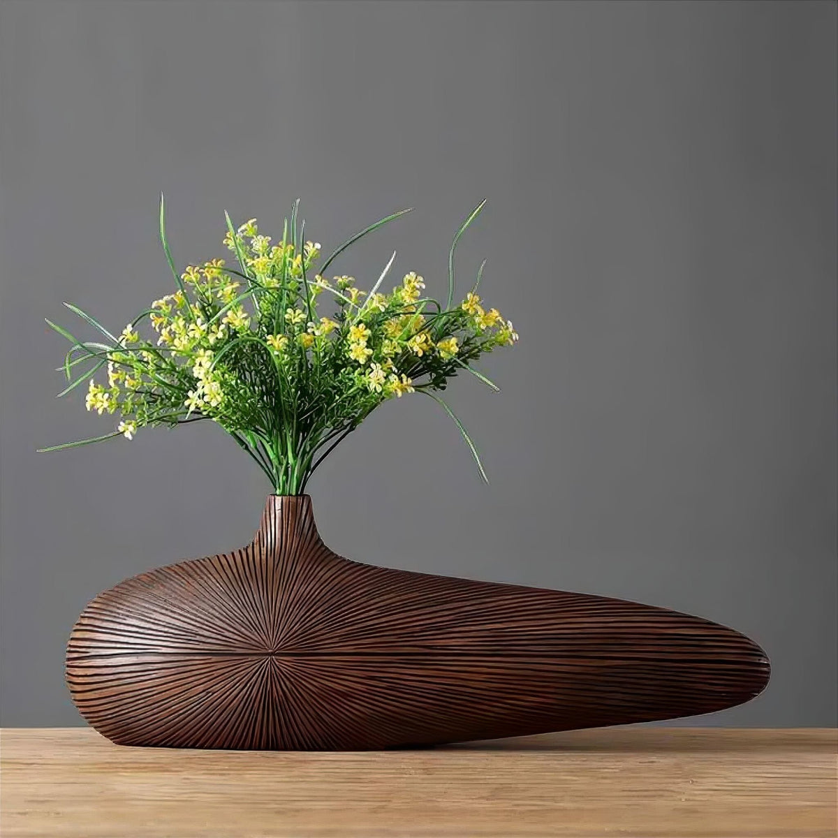 Wood-Effect Resin Vase, Flattened Oval Form, 2 Sizes