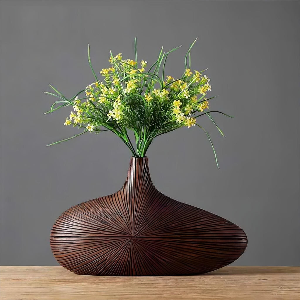 Wood-Effect Resin Vase, Flattened Oval Form, 2 Sizes