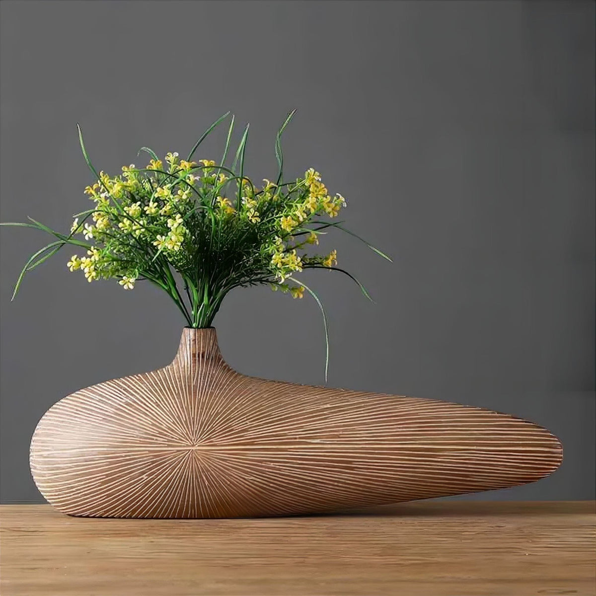 Wood-Effect Resin Vase, Flattened Oval Form, 2 Sizes