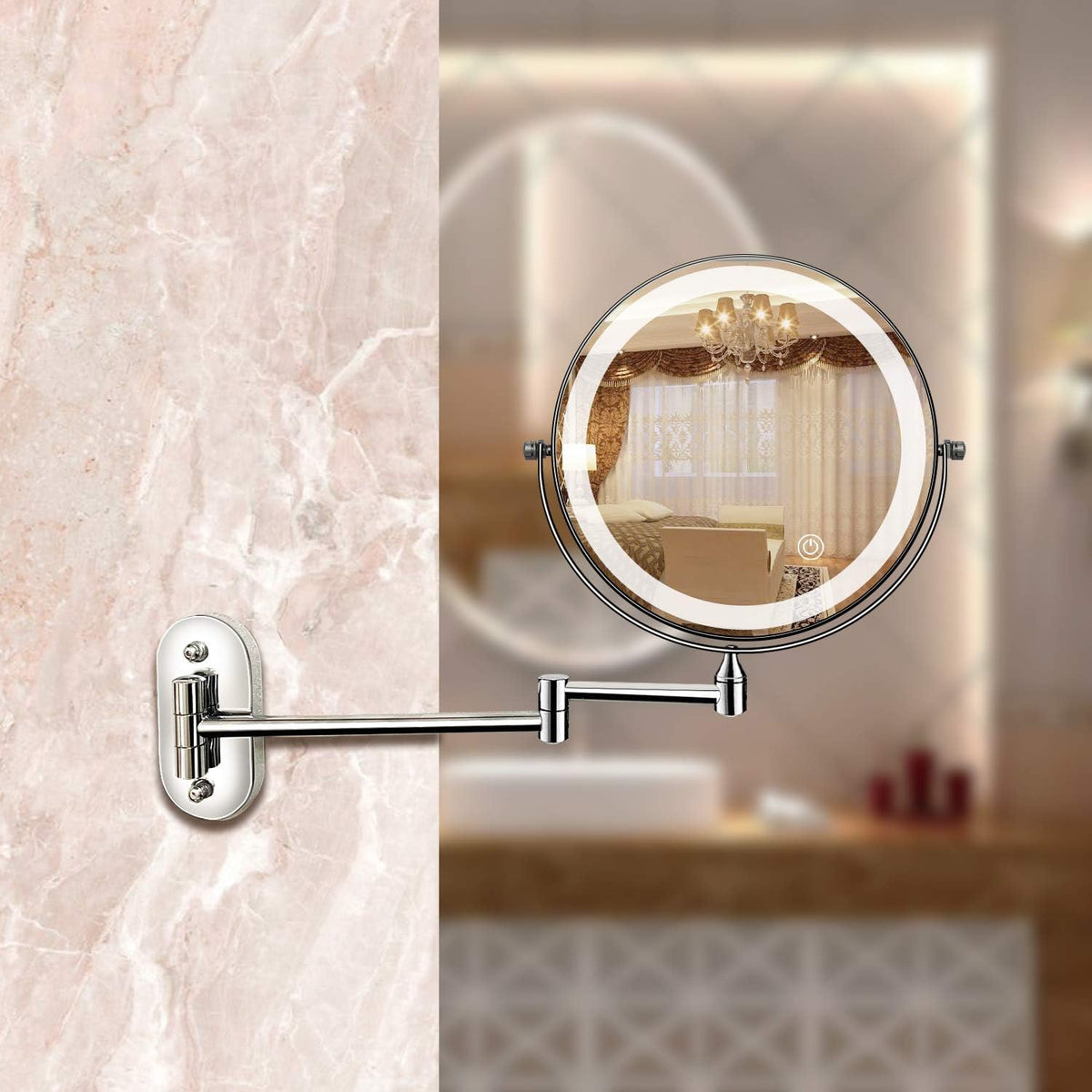 LED Wall Makeup Mirror with Extendable Swivel Arm, Double-Sided