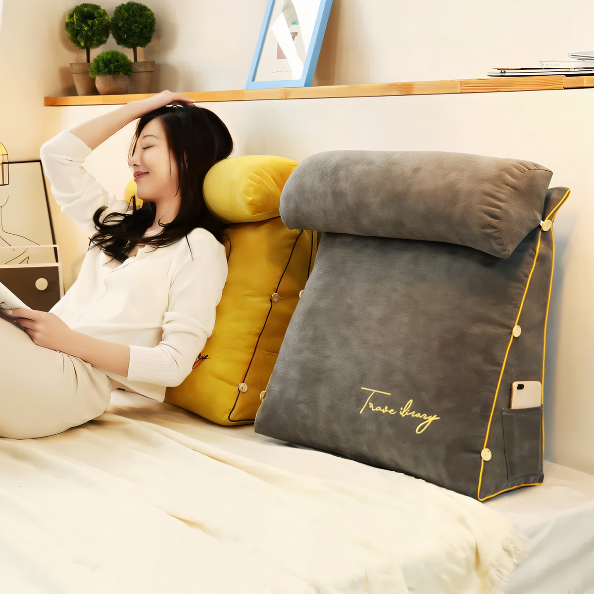 Ergonomic Reading Pillow with Backrest and Side Pocket