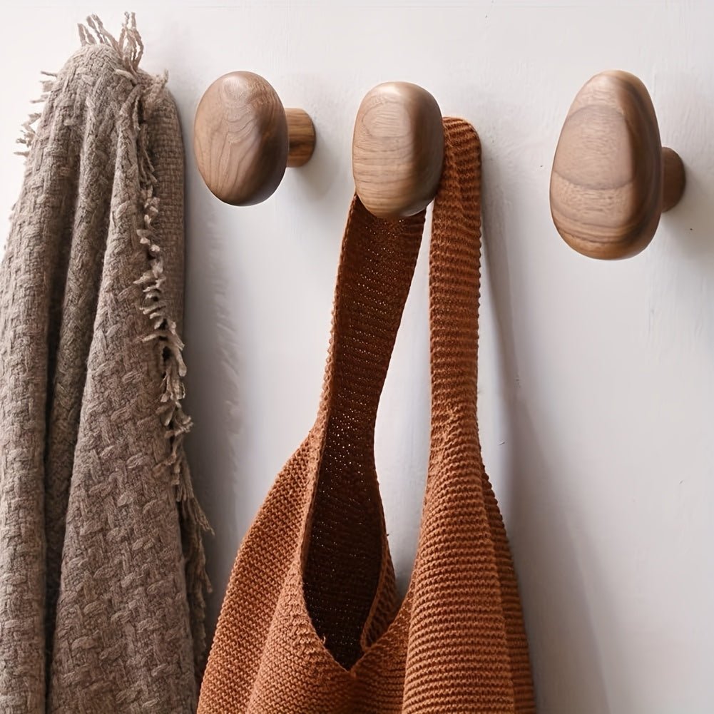 Solid Wood Pebble Wall Hooks, Handmade Set of 4